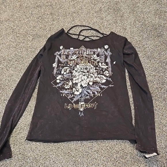 NWT Affliction Women Wildflower Graphic Long Sleeve Top Moto Sz XS - Picture 1 of 6